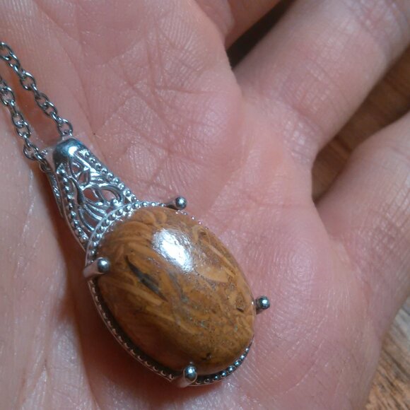 Script Stone Platinum Bond Pendant Stainless Steel Necklace - Picture 9 of 11